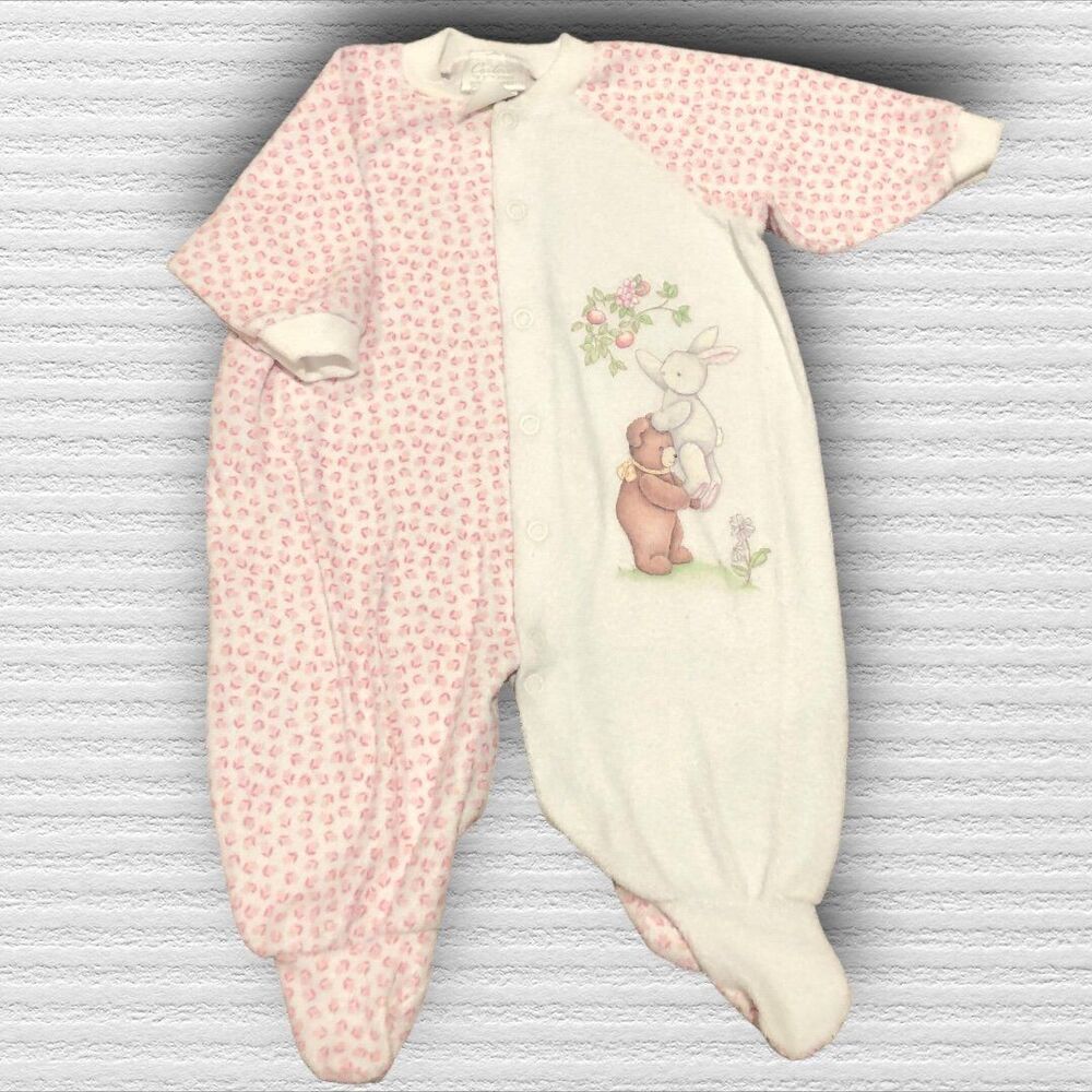 Vintage 80s 3-6m Carters Teddy Bear Bunny Terry Footie Sleeper
